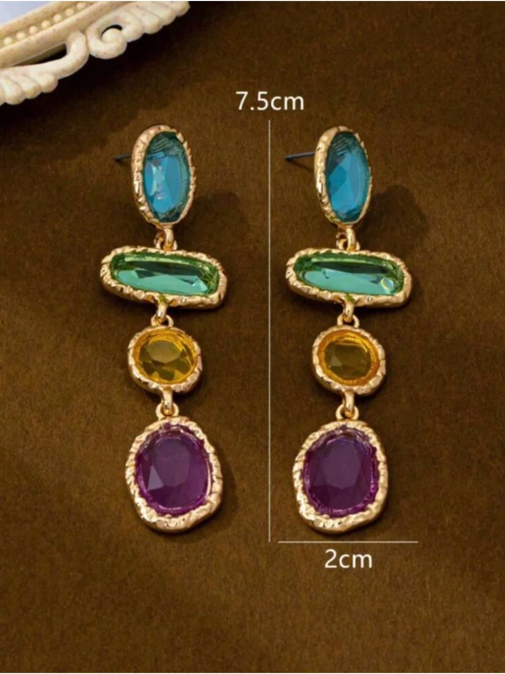 Gold Drop Earrings with Green, Yellow and Purple Stones